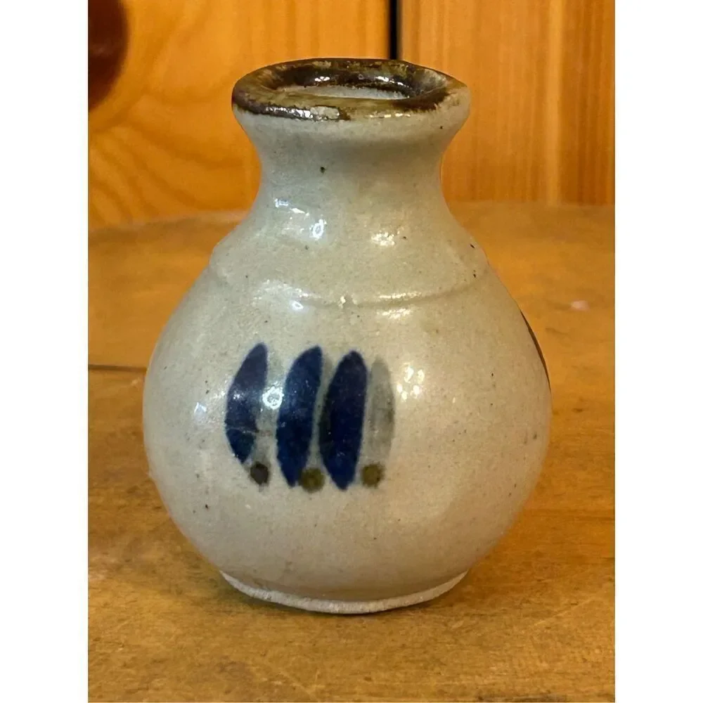Small Blue Grey Ceramic Handmade Hand Painted Mini Vase Glaze (8193)